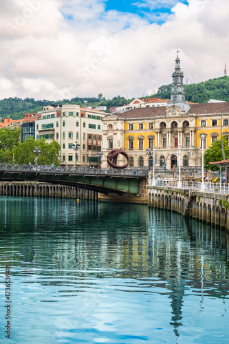 Colorful Vertical Travel Photo of Bilbao with Bridge, City Hall and River Reflection