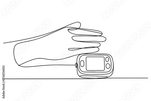 Continuous one line drawing pulse oximeter on finger. Digital device to measure oxygen saturation in human. one line Icon drawing with white background