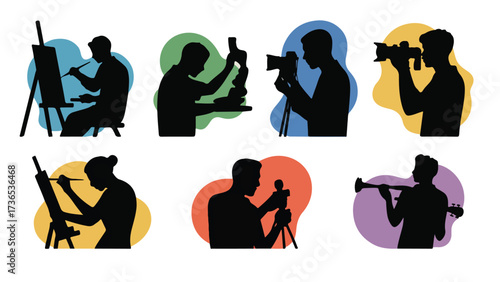 Silhouette set of creative professions including artist photographer scientist and musician vector illustration on white background