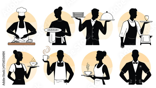 Set of restaurant staff silhouettes including chefs and waiters vector illustration for culinary and service industry designs