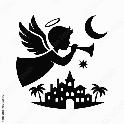 Angel Trumpeting Over a Village Under a Crescent Moon silhouette horn