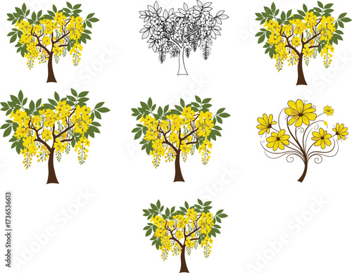 Yellow blossom tree illustration set—green leaves, whimsical and realistic styles, grape clusters—vector botanical sketch, seasonal nature artwork, decorative foliage