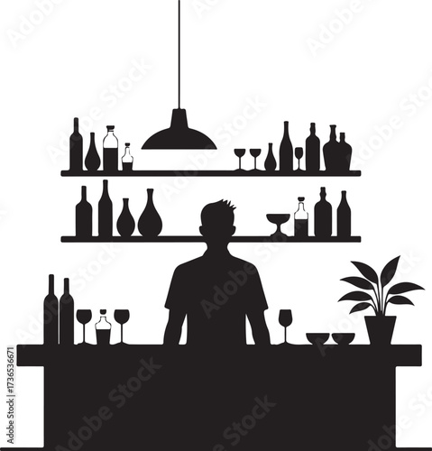Silhouette of bartender behind bar with bottles and glasses 