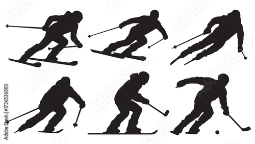 Set of winter sports silhouettes including skiing and ice hockey vector illustration isolated on white background
