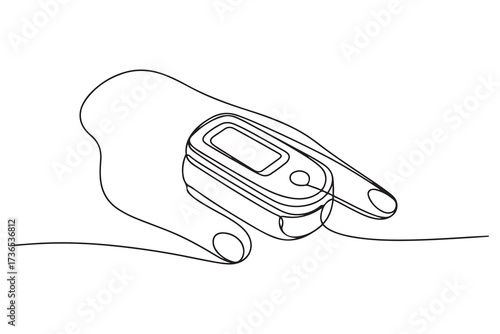 Continuous one line drawing pulse oximeter on finger. Digital device to measure oxygen saturation in human. one line Icon drawing with white background