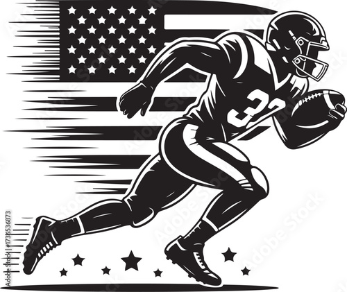 American football player rushing with stars stripes