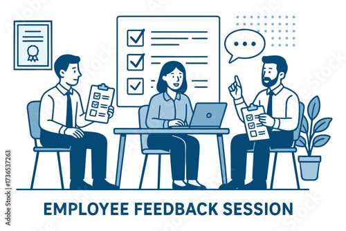 Team discussing feedback during a business meeting with checklist and laptop