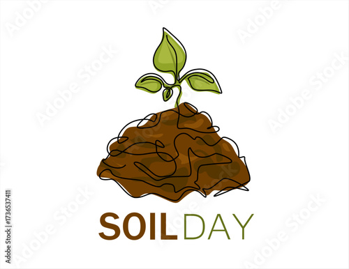 Continuous one line of sprouting plant on soil for World Soil Day. Symbolizes growth and earth care. Hand drawn one line vector. Editable stroke.	