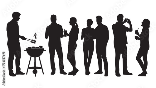 Silhouette of people at a barbecue party cooking food on the grill vector illustration isolated on white background