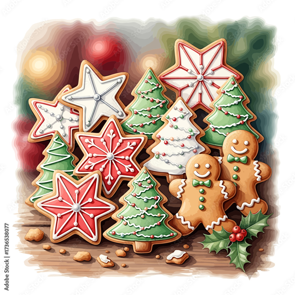 Obraz premium Watercolor Christmas cookies shaped as stars, trees, gingerbread men, festive holiday sweets and dessert illustration