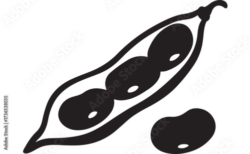 Simple black and white illustration of a single open pea pod with three peas inside and one pea beside it.