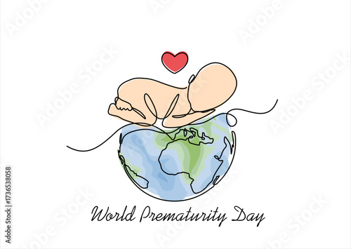 Continuous one line drawing of small premature baby sleeping on the globe and heart World Prematurity Day. Hand drawn one line vector. Editable stroke	