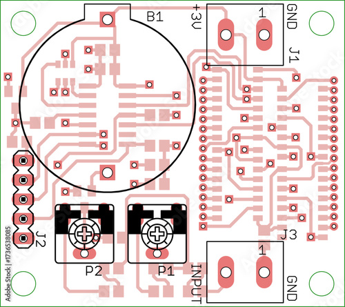 Vector printed circuit board of electronic 
device with components of radio elements, 
conductors and contact pads placed on pcb. 
Engineering technical drawing. 
Computer technic cad design.