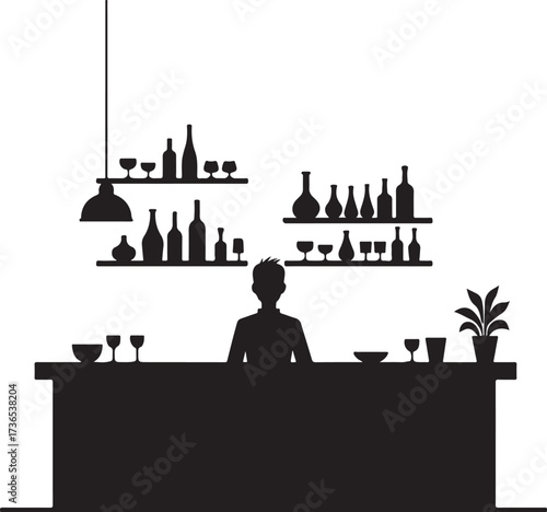 Silhouette of bartender behind bar with bottles and glasses