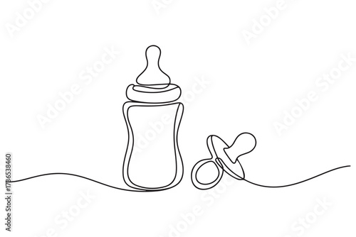 One continuous line drawing of baby feeding bottle and pacifier Baby milk bottle and pacifier outline vector illustration. one line Icon drawing with white background