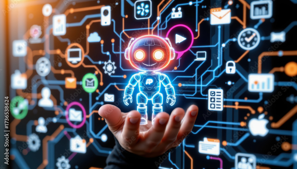 Fototapeta premium Futuristic robot, artificial intelligence, glowing circuit, digital network, technology innovation, human hand