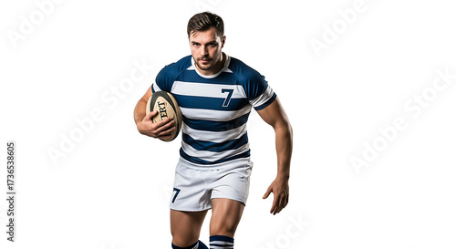 Focused rugby player sprints forward gripping the ball tightly in hand poised for action against a stark black backdrop