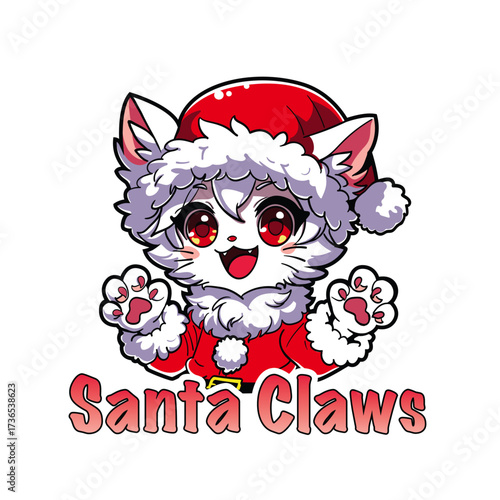 Cute cartoon cat dressed as Santa Claus, wearing a red Santa hat and coat with fluffy white trim. The cheerful kitten raises both paws with pink paw pads showing. Text below reads “Santa Claws"