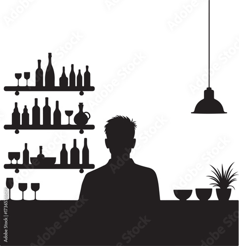 Silhouette of bartender behind bar with bottles and glasses