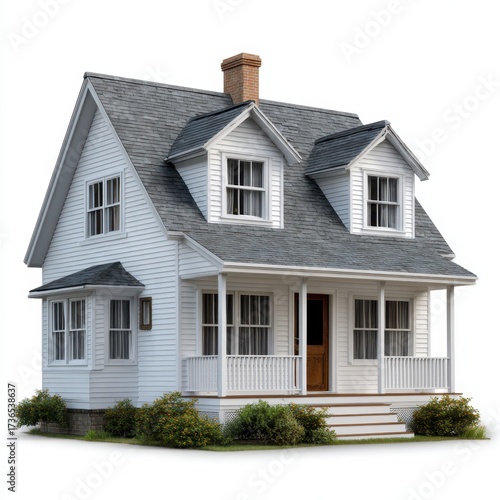 Detailed rendering of a charming small white two-story house model with porch and dormer windows