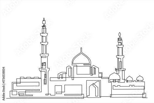 Large mosque in one continuous line drawing. Symbolizing spirituality and architectural magnificence. Hand drawn one line vector. Editable stroke	