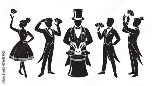 Silhouette of magicians performing magic tricks vector illustration of elegant showmen with cards and rabbit isolated on white background