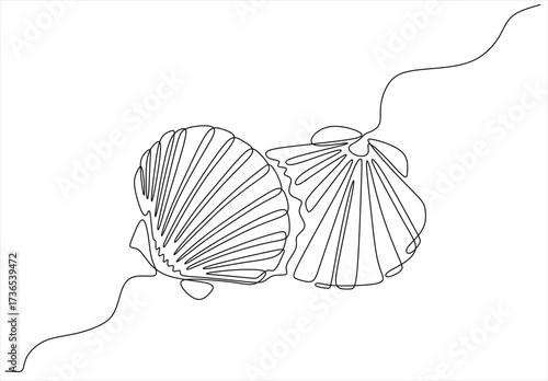 One continuous single-line drawing of a seashell. One-line art of beauty product pearl minimalist, Pearl in a seashell one line art drawing. Hand drawn one line vector. Editable stroke	