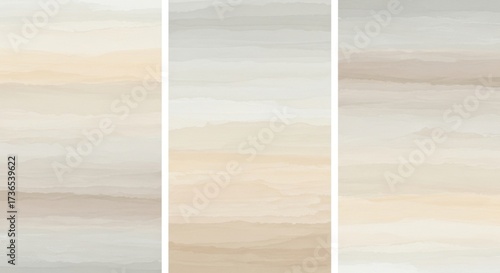 Abstract watercolor painting with horizontal brush strokes in soft beige, cream, and grey tones, creating a gentle and calming textured background