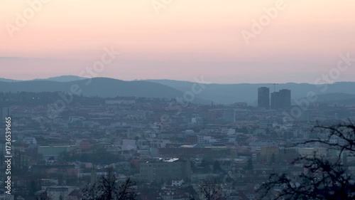 Brno, Czech Republic - March 29, 2025: View of the city from above at night. Evening city panorama. Špilberk Castle