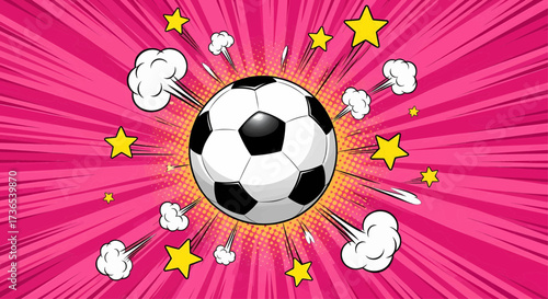 Dynamic pop art soccer ball football illustration for a sport championship celebration with sunburst explosion rays