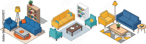	Three distinct isometric illustrations of living room furniture arrangements, featuring sofas, armchairs, coffee tables, lamps, and bookshelves, on a white background