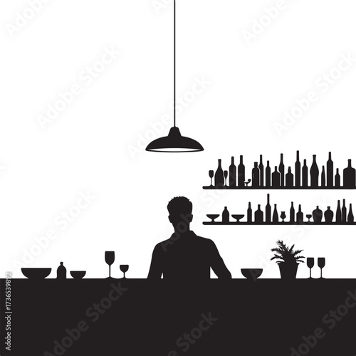 Silhouette of bartender behind counter with bottles and glasses