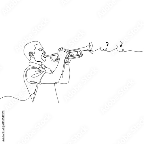 Trumpet Player in Continuous Line Art Style.