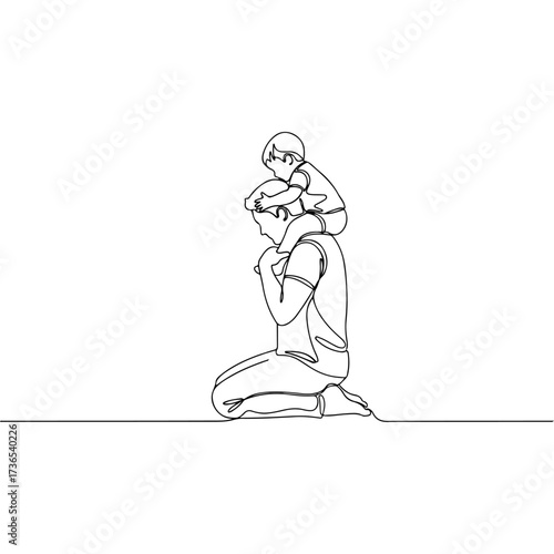 A father kneels with his child sitting happily on his shoulders continuous line art.