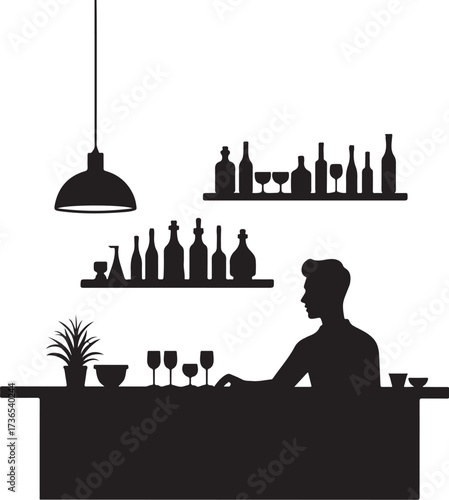 Silhouette of man at bar with bottles and glasses bartender