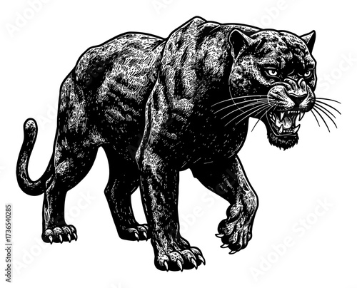 Black and White Outline Line Art Drawing of a Detailed Angry Panther Full Body Roaring Aggressively