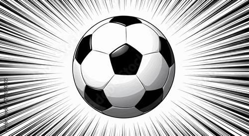 A dynamic illustration of a soccer ball with a pop art sunburst on a comic background for a football sport tournament