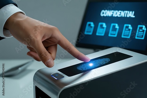 Man scan fingerprint biometric identity to work. Fingerprint scan sensors to record company attendance time and after work, Time recorder attendance, identity verification or electronic signing