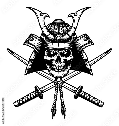 Samurai helmet with fierce skull and crossed katanas Black and White Outline Line Art Drawing