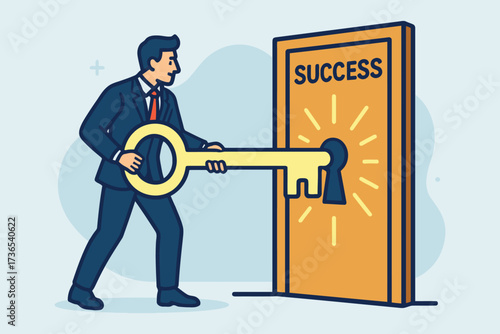 Businessman holding large key opening door to success with bright light