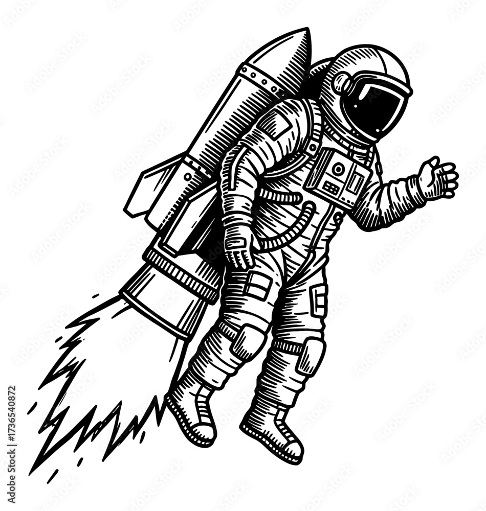 Obraz premium Astronaut Flying with Rocket Jetpack Engraving Black and White Outline Line Art Drawing Vector Illustration