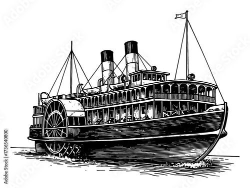 Vintage River Paddle Steamer Transport Ship Black and White Outline Line Art Drawing Engraving
