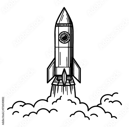 Rocket Launching Flying Up Smoke Trail Black and White Outline Line Art Drawing Isolated Vector Illustration