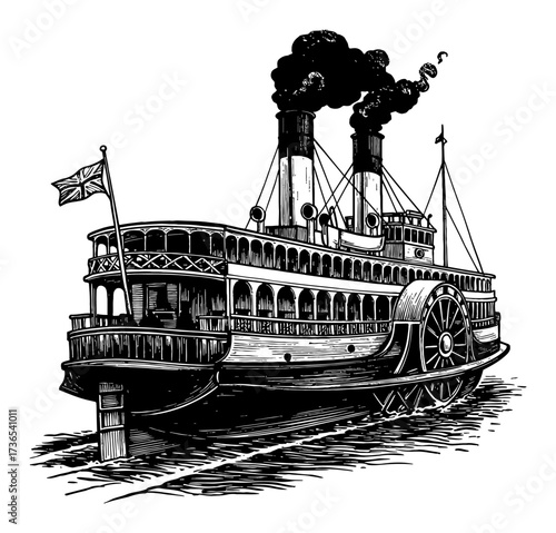 Historic River Paddle Steamer Ship Black and White Outline Line Art Drawing Engraving Illustration Vector