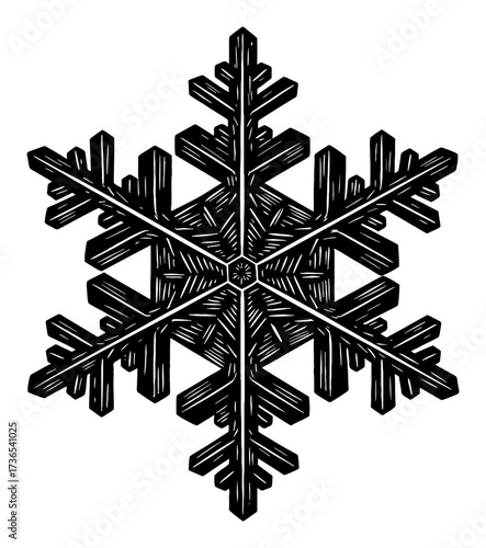 Detailed Snowflake Black and White Outline Line Art Drawing Engraving Style Vintage Isolated Object