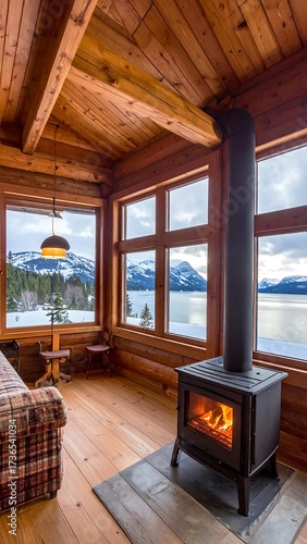 Cozy log cabin living room with lake view