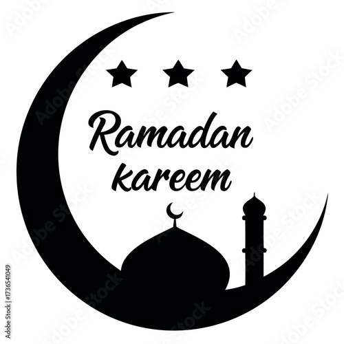Black colour Ramadan Kareem with crescent and mosque silhouette vector illustration, solid white background (2).eps
