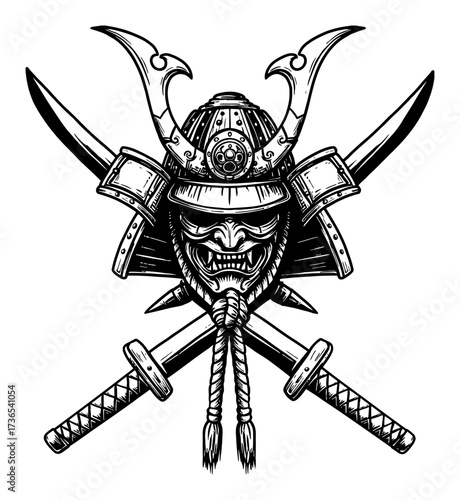Japanese Samurai Helmet Mask with Crossed Swords Kabuto Katana Black and White Outline Line Art Drawing