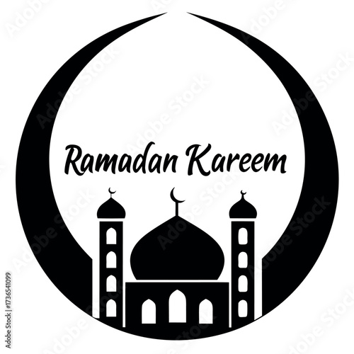 Black colour Ramadan Kareem with crescent and mosque silhouette vector illustration, solid white background (1).eps