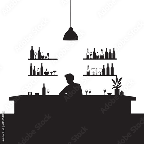 Silhouette of man at bar with bottles and glasses bartender